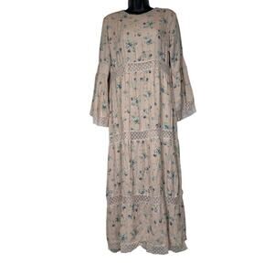 Bagiza Light Pink Floral Print Lace Bell‎ Sleeve Cottagecore Maxi Dress Size 44